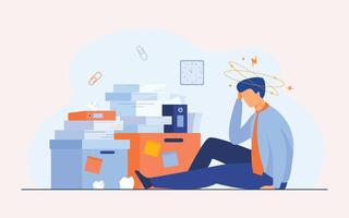 tired man sitting floor with paper document vector
