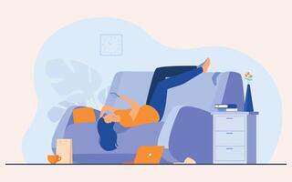 lazy woman resting on the couch with a smartphone at home vector