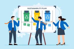 illustration of team working on whiteboard with sustainability plan and sticky notes environmental strategy vector