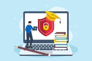 Flat illustration of man managing cybersecurity in education secure online learning and protecting student data vector