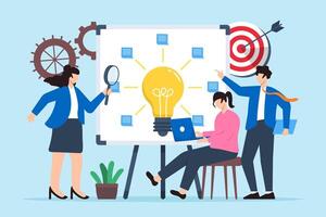 illustration of colleagues setting up innovation hub with sticky notes on whiteboard creative space vector