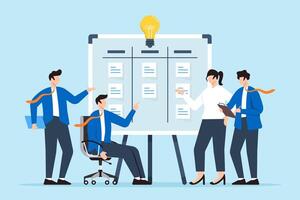 illustration of team members categorizing ideas on whiteboard with sticky notes brainstorming session vector