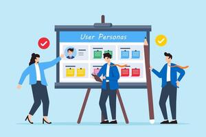 illustration of colleagues mapping user personas with sticky notes on whiteboard target audience definition vector