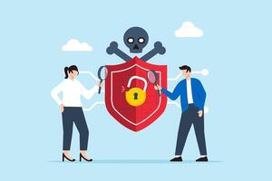 Flat illustration of two people analyzing cybersecurity threats examine risks and identifying vulnerability vector