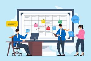 illustration of team developing remote work strategy with sticky notes on whiteboard virtual collaboration vector