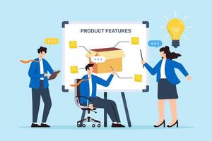 illustration of colleagues brainstorming product features on whiteboard with sticky notes innovative design vector
