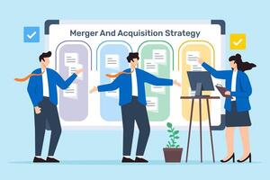 illustration of business team planning merger and acquisition strategy with sticky notes on whiteboard vector