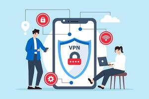 Flat illustration of two people setting up vpn virtual private network to secure internet connection vector