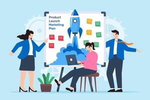 illustration of employees setting up product launch marketing plan with sticky notes on whiteboard market debut vector