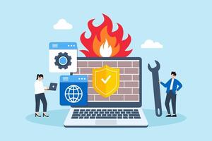 Flat illustration of two people configuring firewall settings network security and blocking unauthorized access vector