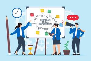 illustration of business people coordinating corporate social responsibility plan with sticky notes on whiteboard csr initiatives vector