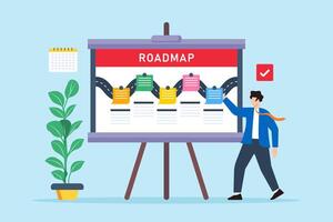 illustration of employee marking progress on whiteboard roadmap with sticky notes milestone achievement vector