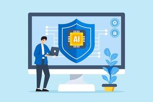 Flat illustration of man using ai for cybersecurity artificial intelligence in security and automating defenses vector