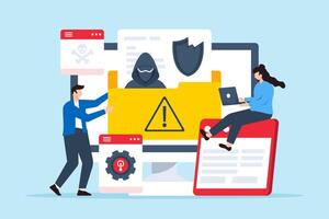 Flat illustration of two people handling data breach incident crisis management and recovering from attacks vector