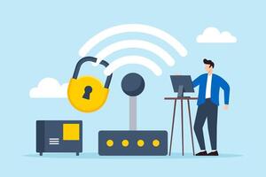 Flat illustration of man securing wireless network wi-fi security and network protection vector