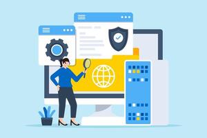 Flat illustration of woman checking system security of cybersecurity audit with magnifying glass vector