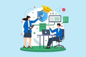 Flat illustration of woman educating man on cybersecurity best practices for cyber hygiene vector