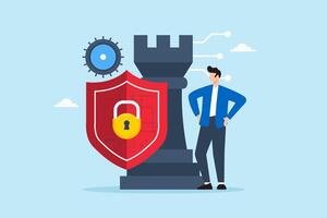Flat illustration of man overseeing cybersecurity strategy with castle chess piece vector