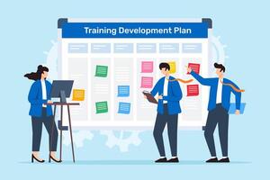 illustration of colleagues working together to create training and development plan with sticky notes on whiteboard vector