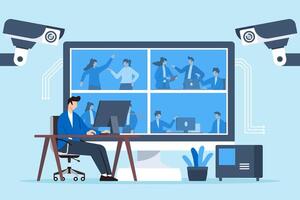 Flat illustration of man monitoring security cameras to ensuring safety and surveillance vector