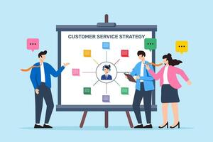 illustration of employees coordinating customer service strategy with sticky notes on whiteboard vector