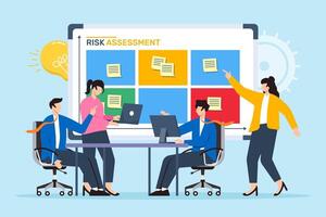 illustration of business team conducting risk assessment with sticky notes on whiteboard mitigation planning vector