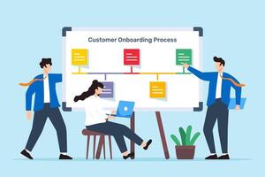 illustration of colleagues planning customer onboarding process with sticky notes on whiteboard client user integration vector