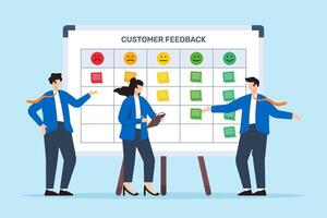 illustration of business people mapping customer feedback with sticky notes on whiteboard satisfaction tracking vector