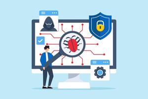 Flat illustration of man performing penetration testing ethical hacking and improving security vector