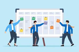 illustration of colleagues using sticky notes to outline project phases on whiteboard vector