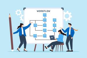 illustration of team members designing workflow process with sticky notes on whiteboard efficiency optimization vector