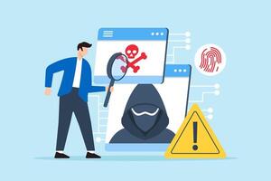 Flat illustration of man investigating cyber threat and digital attacks with magnifying glass vector