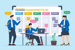 illustration of working together in change management plan with sticky notes on whiteboard vector