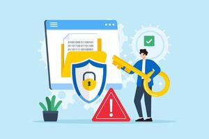 Flat illustration of person holding key to decrypting encoded data information security vector