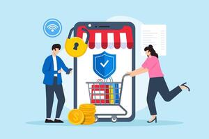 Flat illustration of two people securing e-commerce transaction protecting payment information vector