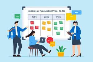illustration of team developing internal communication plan with sticky notes on whiteboard information flow vector