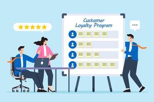 illustration of business team meeting discussing loyalty program with sticky notes on whiteboard vector
