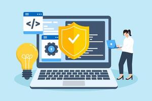 Flat illustration of woman developing secure software with security shield and programming code vector