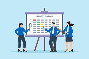 illustration of colleagues analyzing project timeline on whiteboard deadline tracking and task prioritization vector