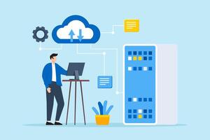 Flat illustration of man managing data backups and protecting against data loss vector