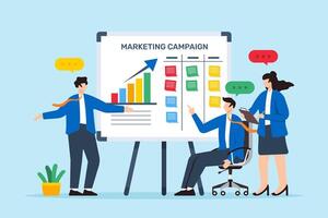 illustration of team strategizing marketing campaign on whiteboard with sticky notes promotional tactics vector