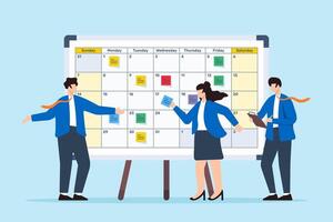 illustration of colleagues developing content calendar with sticky notes on whiteboard editorial planning vector