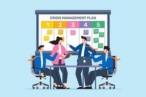 illustration of colleagues preparing crisis management plan with sticky notes on whiteboard emergency response vector