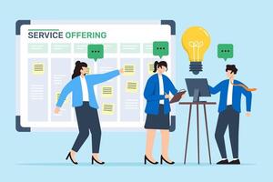 illustration of business team brainstorming new service offerings with sticky notes on whiteboard market expansion vector