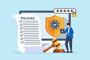 Flat illustration of man developing cybersecurity policies with security shield and gavel vector