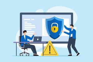 Flat illustration of two men shielding computer from data breach firewall protection cybersecurity defense vector