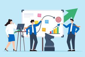 illustration of team developing sales strategy with sticky notes on whiteboard revenue growth vector
