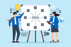 illustration of business people planning digital transformation with sticky notes on whiteboard innovation strategy vector