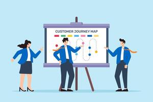 illustration of team discussing customer journey map on whiteboard user experience design vector