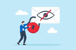 Flat illustration of man encrypting sensitive emails protecting communication and preventing interception vector